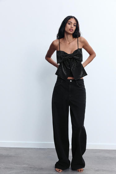 Sparkle Bow Crop Top – Lightweight Embellished Short Sleeve Top