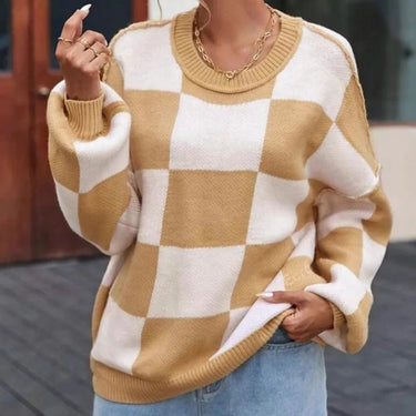 Checkerboard Knit Sweater – Oversized Two-Tone Block Jumper