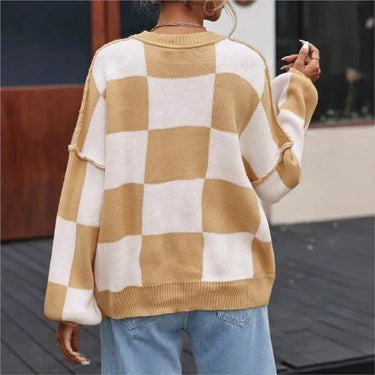 Checkerboard Knit Sweater – Oversized Two-Tone Block Jumper