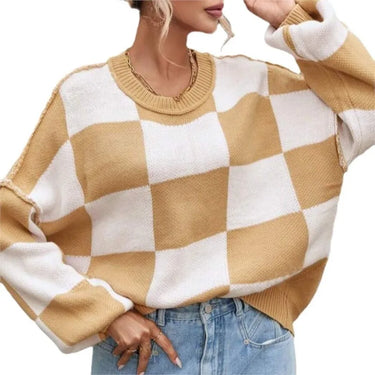 Checkerboard Knit Sweater – Oversized Two-Tone Block Jumper