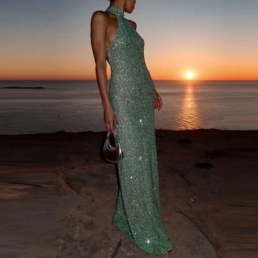 Sequin Halter Maxi Dress – Fitted Backless Glamour Evening Gown