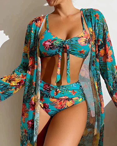 Bikini Set with High-Waist Bottom and Matching Cover-Up