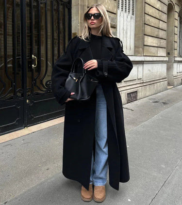 Black Double-Breasted Wool Coat – Longline Wide Lapel Coat