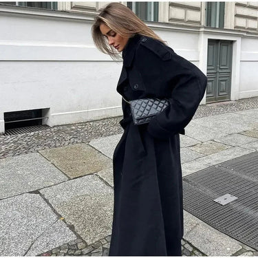 Black Double-Breasted Wool Coat – Longline Wide Lapel Coat