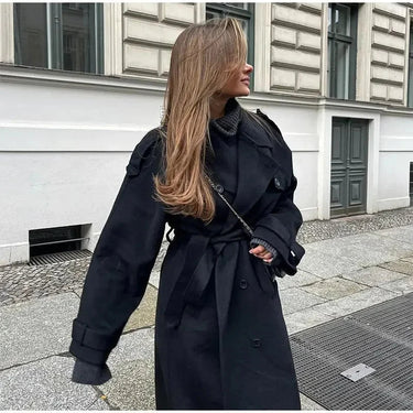 Black Double-Breasted Wool Coat – Longline Wide Lapel Coat