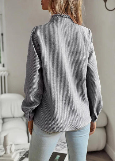 Ivory Ruffle Blouse – Textured Button-Up with Ruffle Trim