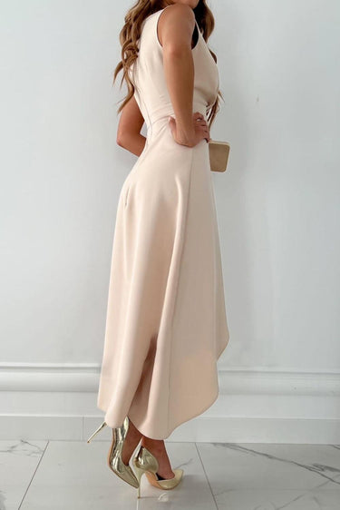 Beige Wrap Maxi Dress – Deep V-Neck Asymmetrical Hem Wedding Guest Dress