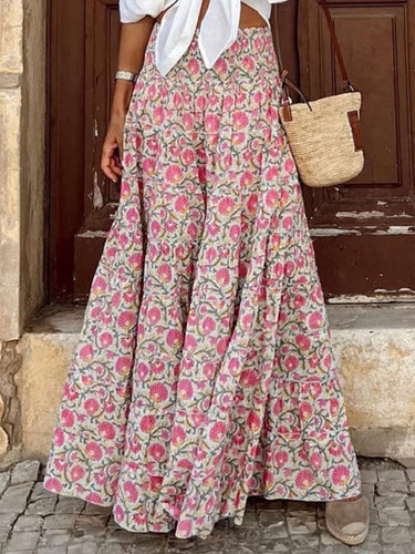 Floral Print Boho Maxi Skirt – Smocked Waist Flowing Summer Skirt