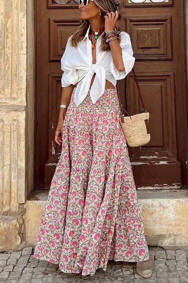 Floral Print Boho Maxi Skirt – Smocked Waist Flowing Summer Skirt