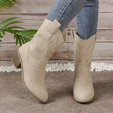 Camel Cowgirl Boots – Block Heel Mid-Calf Western Boots
