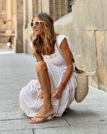 Smocked Gingham Maxi Dress – Ruffle Sleeve Summer Holiday Dress