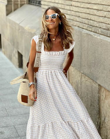 Smocked Gingham Maxi Dress – Ruffle Sleeve Summer Holiday Dress