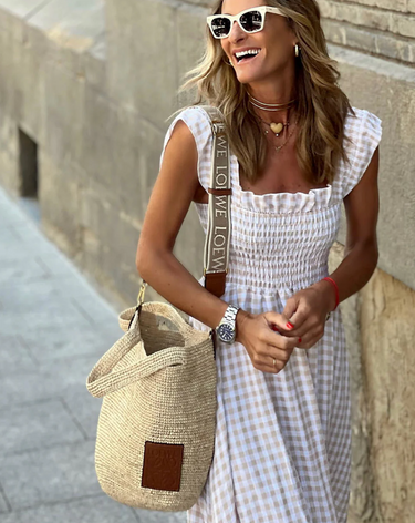 Smocked Gingham Maxi Dress – Ruffle Sleeve Summer Holiday Dress