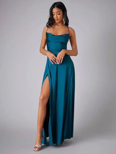 Satin Maxi Dress – Spaghetti Strap High Slit Elegant Evening Dress