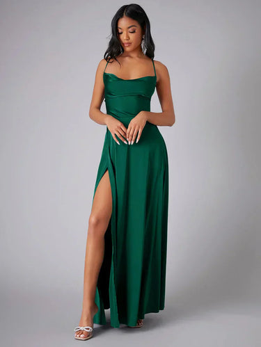 Satin Maxi Dress – Spaghetti Strap High Slit Elegant Evening Dress