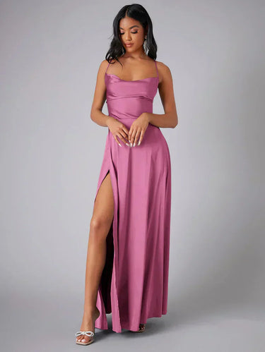 Satin Maxi Dress – Spaghetti Strap High Slit Elegant Evening Dress