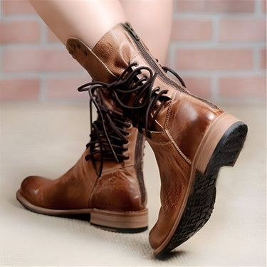 Studded Lace-Up Mid-Calf Boots – Low Heel Vintage Finish Boots