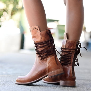 Studded Lace-Up Mid-Calf Boots – Low Heel Vintage Finish Boots