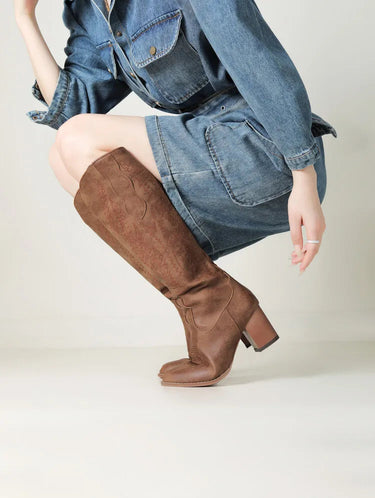 Khaki Cowboy Boots – Tall Embroidered Block Heel Western Boots