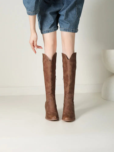 Khaki Cowboy Boots – Tall Embroidered Block Heel Western Boots