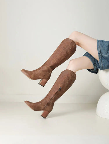 Khaki Cowboy Boots – Tall Embroidered Block Heel Western Boots