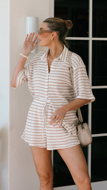 Beige Striped Knit Co-Ord – Relaxed Shirt and Drawstring Shorts Set