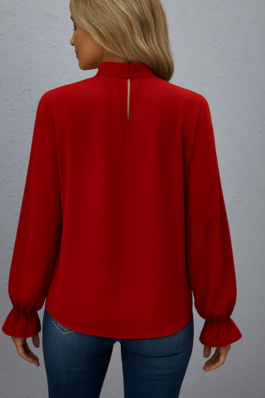 Tie-Neck Ruffle Blouse – Long Sleeve Gathered Cuff Top