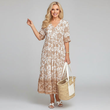 Block Print Tiered Boho Midi Dress for Summer