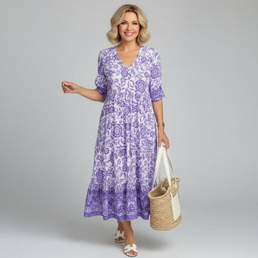Block Print Tiered Boho Midi Dress for Summer