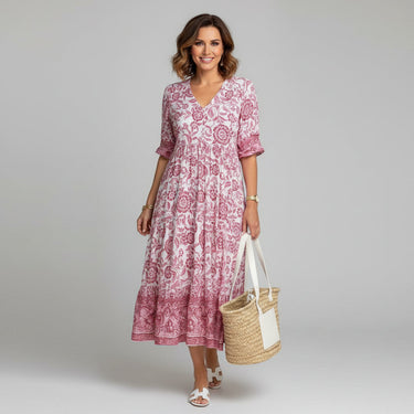 Block Print Tiered Boho Midi Dress for Summer
