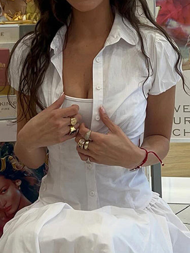 White Poplin Blouse – Slim-Fit V-Neck Puff Sleeve Shirt