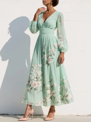 Long Sleeve Floral Midi Dress with Pleated Skirt