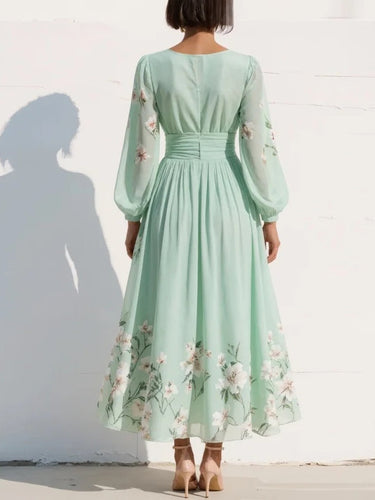 Long Sleeve Floral Midi Dress with Pleated Skirt