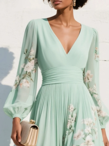Long Sleeve Floral Midi Dress with Pleated Skirt