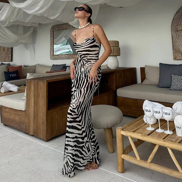Black and White Printed Slip Maxi Dress – Bias Cut V-Neck Evening Dress