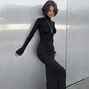 Black Turtleneck Maxi Dress – Long Sleeve Formal Stretch Evening Gown