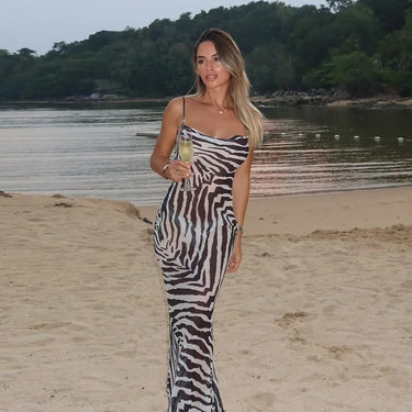 Black and White Printed Slip Maxi Dress – Bias Cut V-Neck Evening Dress