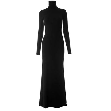Black Turtleneck Maxi Dress – Long Sleeve Formal Stretch Evening Gown