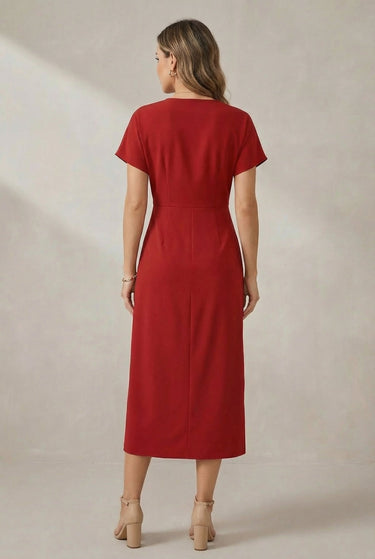 Short Sleeve Faux Wrap Midi Dress with Side Slit