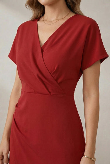 Short Sleeve Faux Wrap Midi Dress with Side Slit