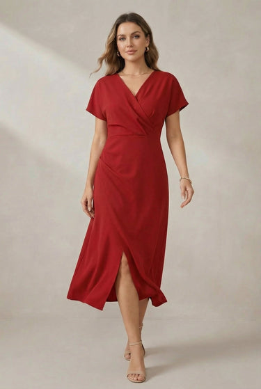 Short Sleeve Faux Wrap Midi Dress with Side Slit