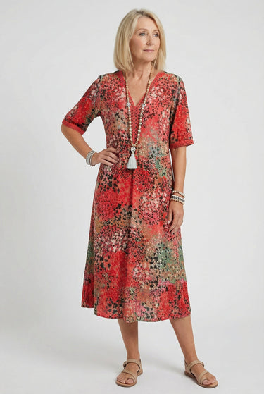 Short Sleeve Floral Print Relaxed Midi Dress with Pockets