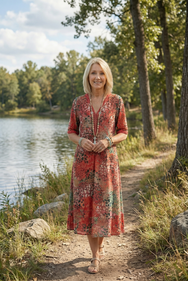 Short Sleeve Floral Print Relaxed Midi Dress with Pockets