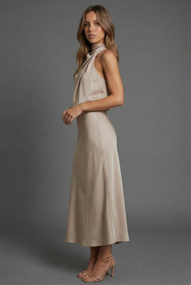 Sleeveless Draped Halterneck Satin Midi Dress
