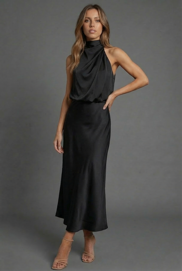 Sleeveless Draped Halterneck Satin Midi Dress