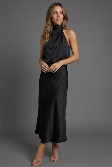 Sleeveless Draped Halterneck Satin Midi Dress