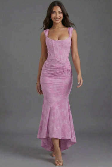 Square Neck Corset Fishtail Maxi Dress in Floral Jacquard